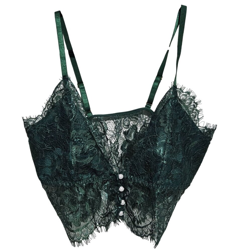 Green Lace Bralette Size Medium Adjustable Straps Button Front Closure Bra
